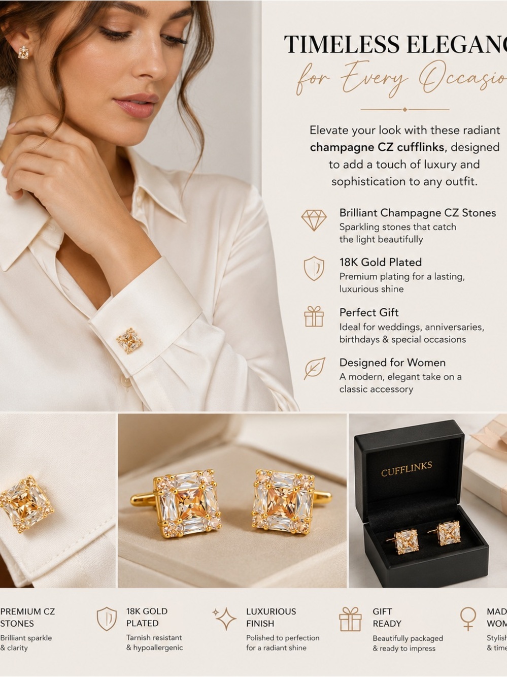 Cufflinks | Champagne CZ 18K Gold Plated Statement Piece